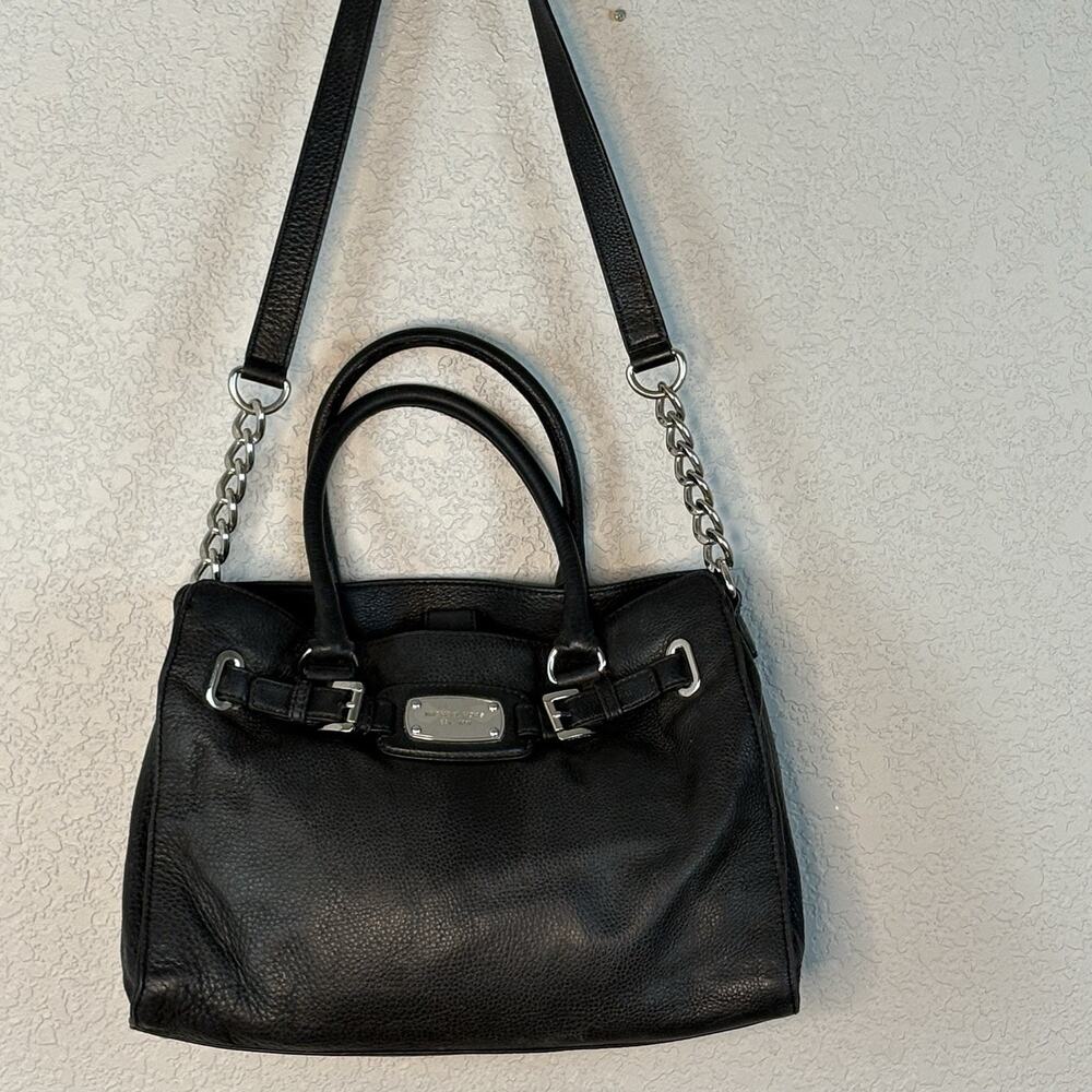 MICHAEL KORS Leather Satchel Shoulder Tote Bag Hamilton East West Pebbled Black - Picture 4 of 10